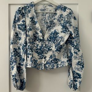Reformation cropped long sleeve floral blouse